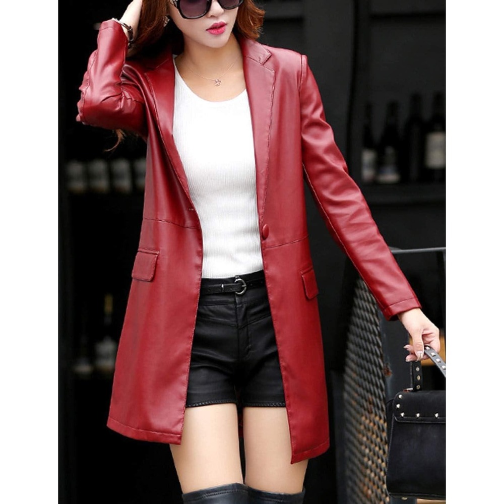 Tanming Womens Burgundy Faux‎ Vegan Leather Trench Single Button Coat L